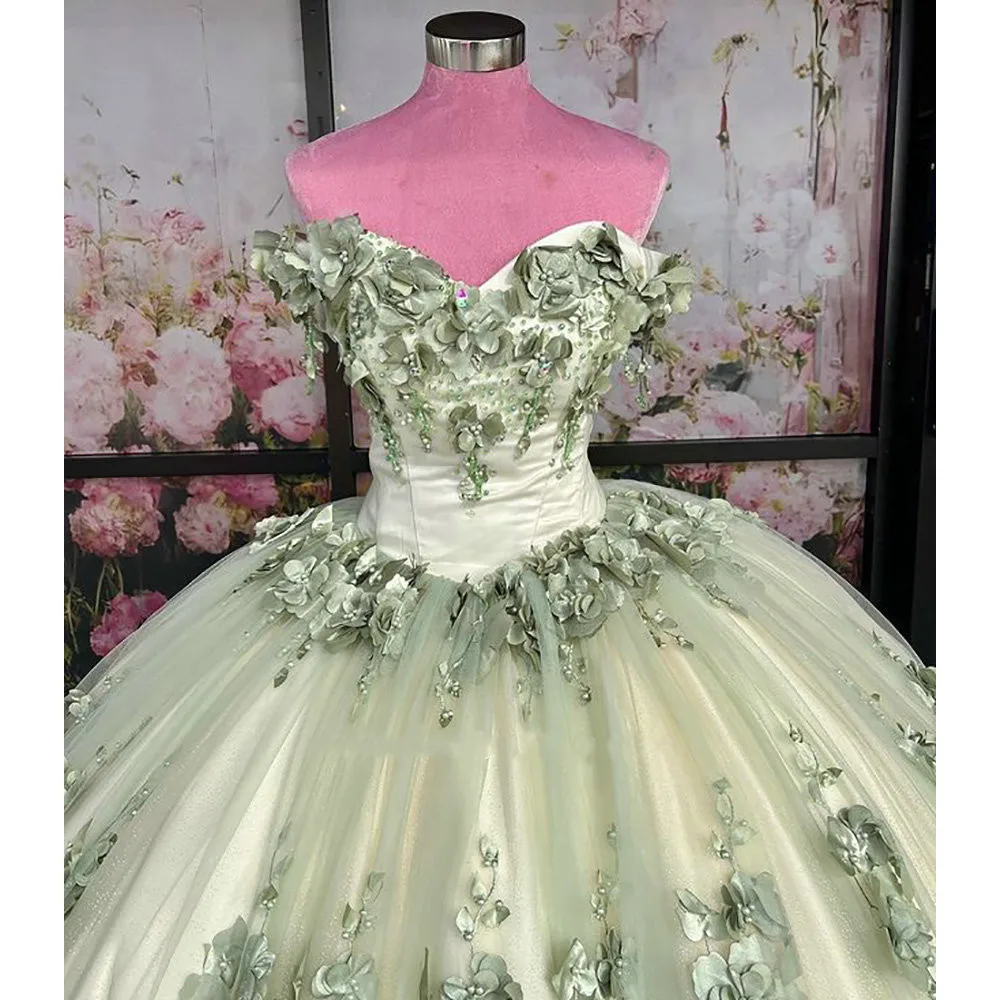 Vestido de baile verde com espartilho de renda, vestido Quinceanera, flores 3D, fora do ombro, apliques, novo sábio