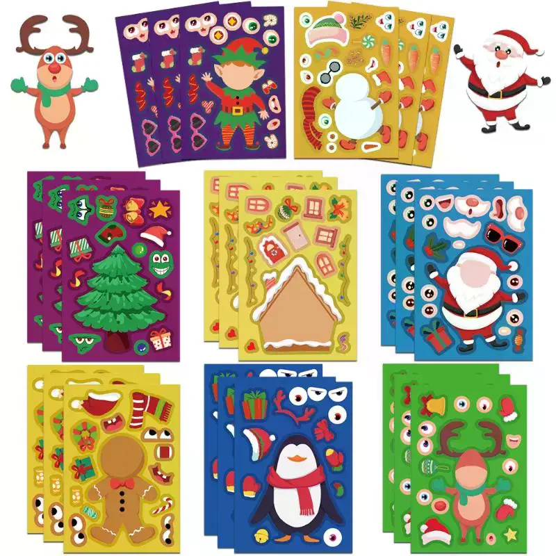 8 fogli Decorazione per feste per bambini Giocattolo Adesivi puzzle natalizi Crea il tuo Babbo Natale Giochi puzzle fai-da-te Crea una faccia