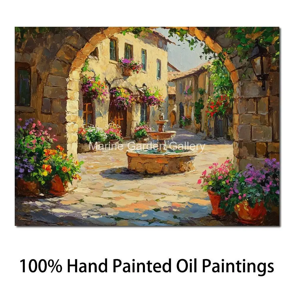 

Modern Village Landscape Canvas Wall Art Hand Painted Oil Painting Fountain Garden Impressionist Artwork Bathroom Kitchen Decor