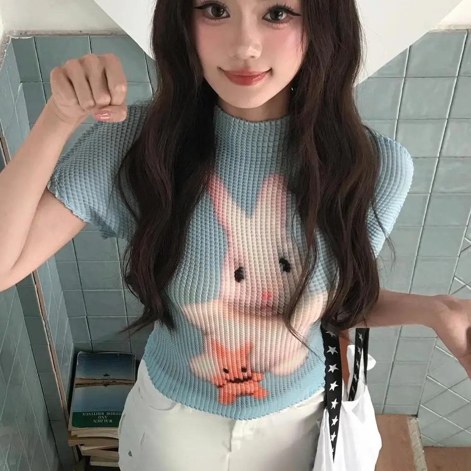 Kimutomo Women Dopamine Blue Cartoon Rabbit Print Pleated Short Sleeve T-shirt Summer Mock Neck Elastic Slim Fit Trendy Top
