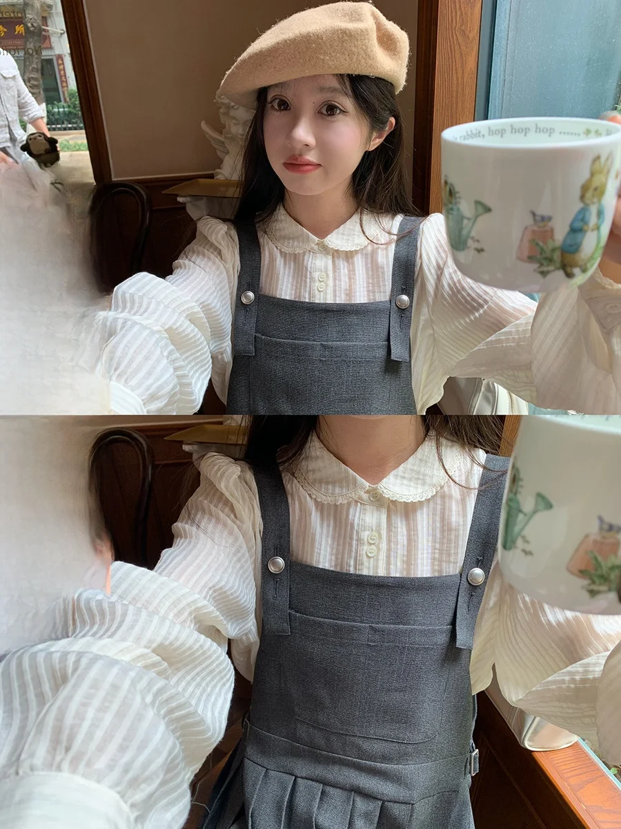 

Sinbounboun Корейский Sle Милая кружевная отделка Кукольный воротник Вертикальные полоски Свободный крой Длинный свеч irt Дышащий Удобный женский...