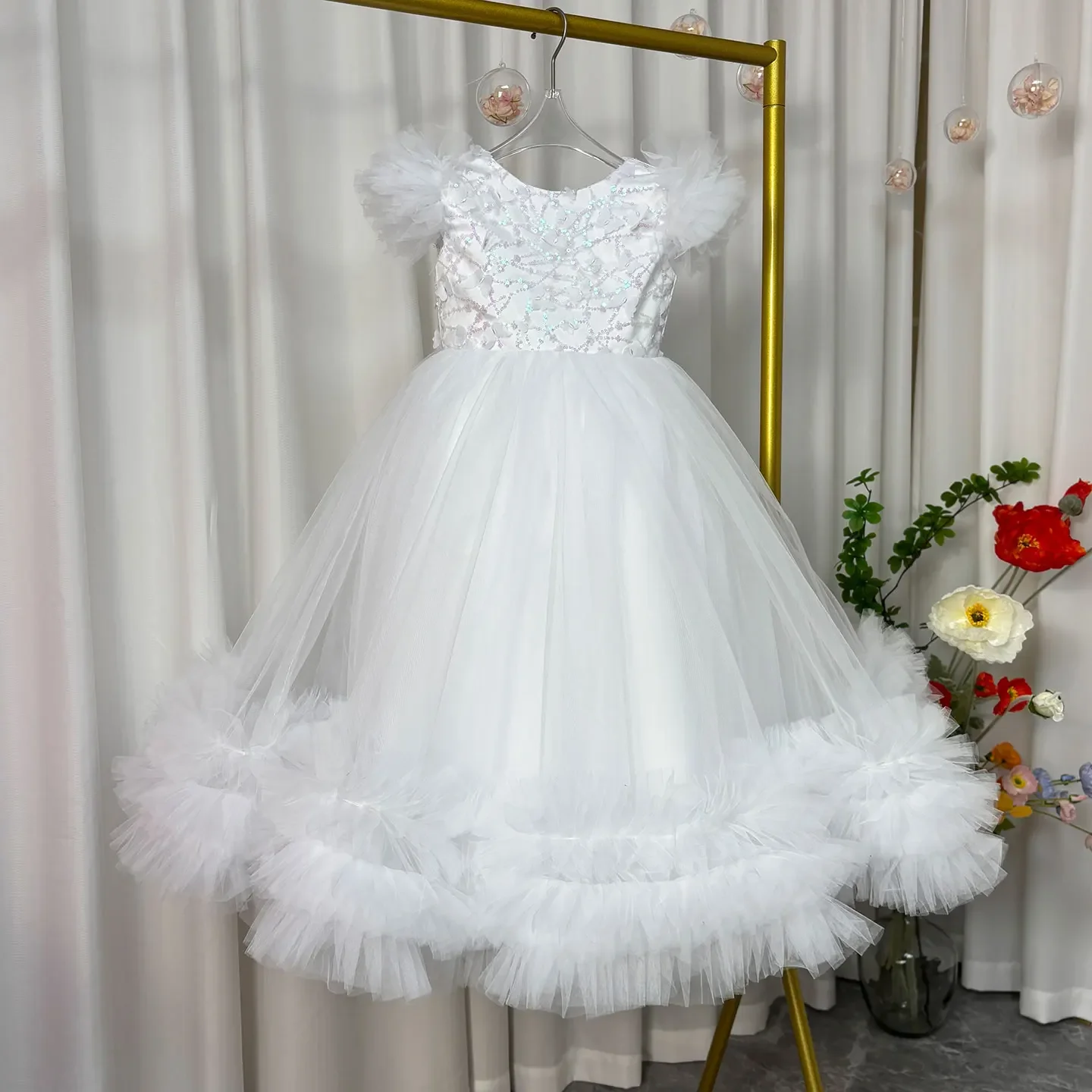 Elegante abito da ragazza di fiori in oro per bambini, principessa, compleanno, festa di nozze, bianco, rosa, per bambini, spettacolo di festa, abito da ballo J069
