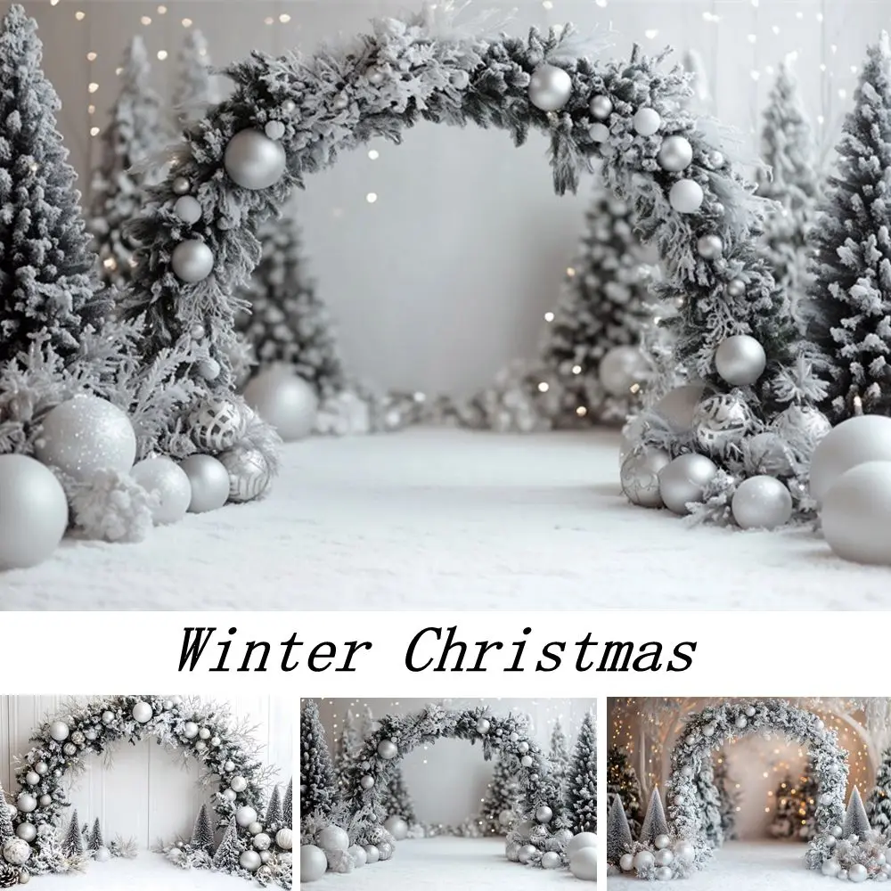 

Winter Christmas Photography Backdrop Arch Wreath Pine Trees Silver Balls Baby Kids Portrait Photo Background Photo Studio Prop
