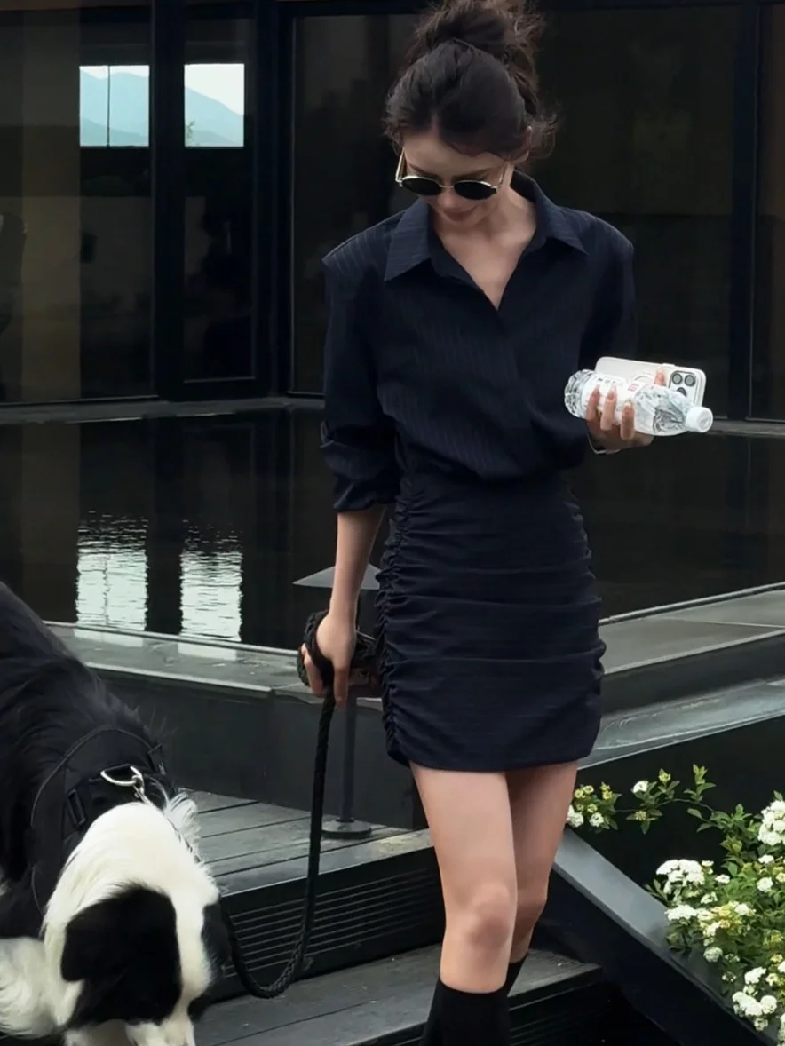 

Summer New Style Korean Striped Midi Dress Women's Fashionable Intellectual Cool Casual Dress Polyester Fabric A-Line Skirt