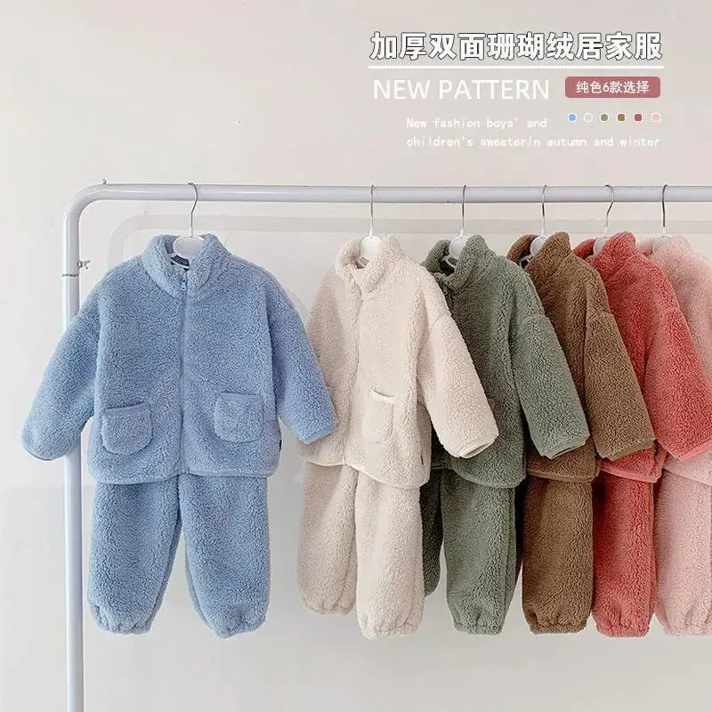 

Children's Coral Fleece Pajamas Flannel Loungewear Warm Set Autumn and Winter Thickened Loose Two-piece Set