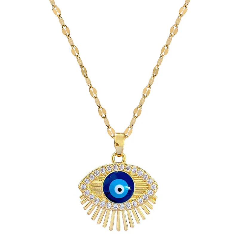 Collier mauvais œil bleu en Zircon cubique Hamsa, en acier inoxydable, collier de cils turc, bijoux grec ojo turco acero en acier inoxydable