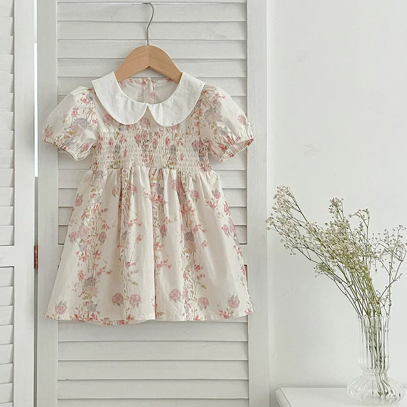 Fashion Girl Dress Pink Flowers Retro Lace Dress Cotton Princess Vestido Casual Round Neck Summer Dress New Sweet Kids Clothes