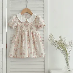 Fashion Girl Dress Pink Flowers Retro Lace Dress Cotton Princess Vestido Casual Round Neck Summer Dress New Sweet Kids Clothes