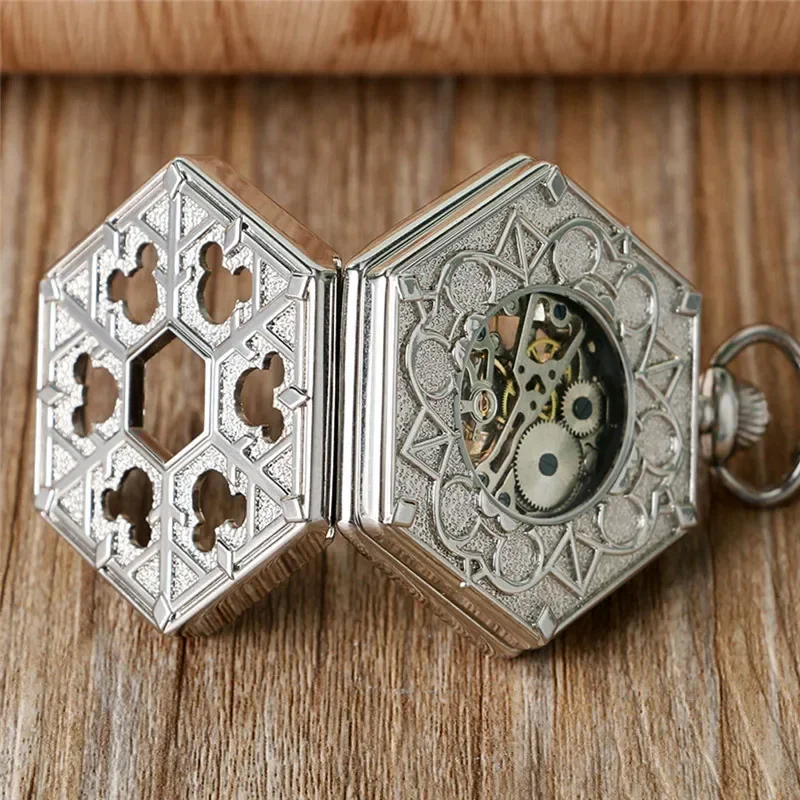 خمر الجوف شكل مسدس للجنسين Handwinding الميكانيكية ساعة الجيب مع سلسلة بدلاية الهيكل العظمي ساعة الرقم الروماني الهاتفي Gfit
