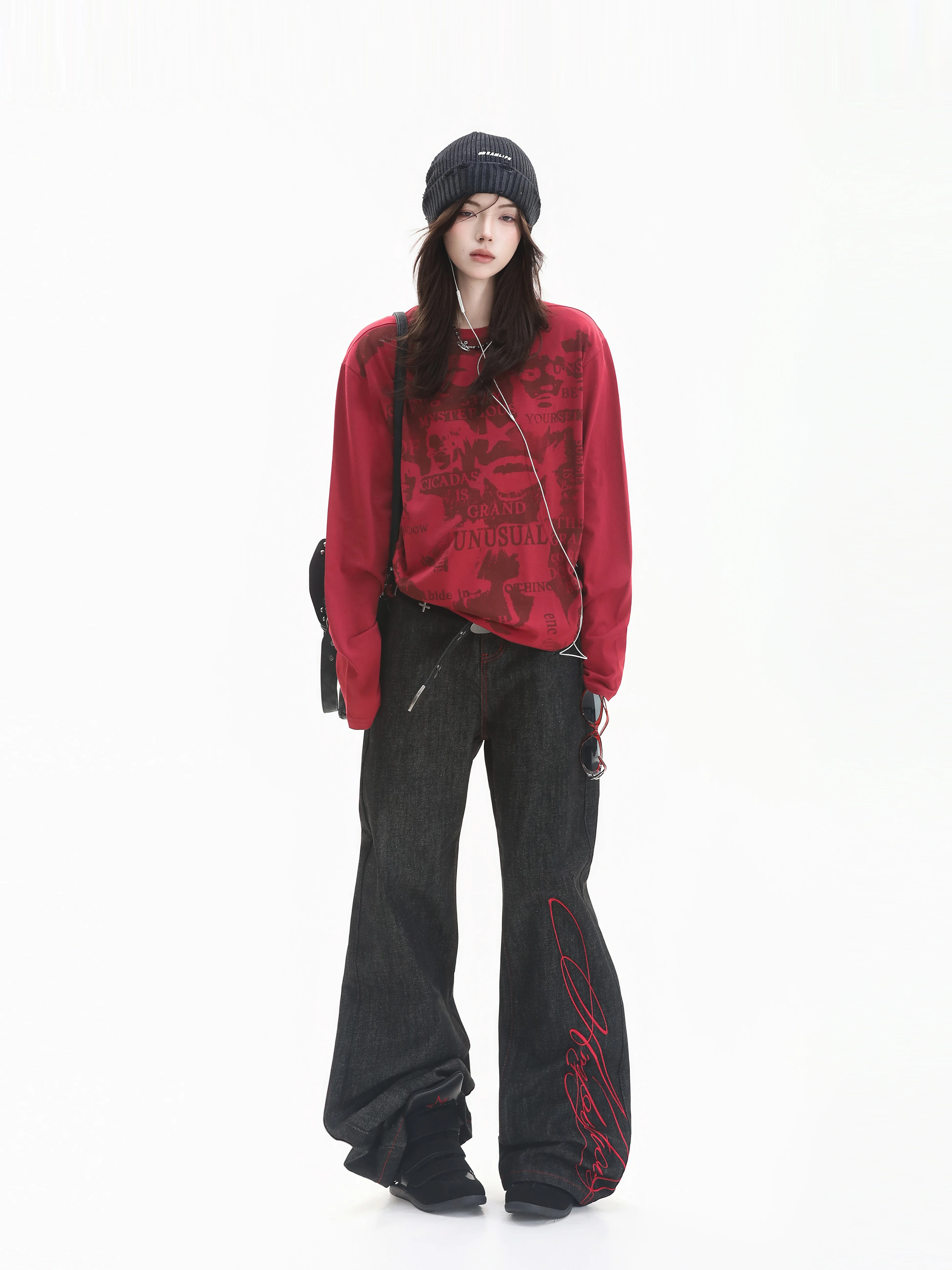 Retro American Design Long Sleeve T-Shirt Contrast Color Portrait Print Light Cotton Shoulder Fit Casual Loose Style for Youth