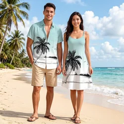 Couple Clothes Matching Set Hawaii Ouftits Beach Coconut Casual Vacation Printed , 3D Graphic Men's Shirt Women's Halter Dresses