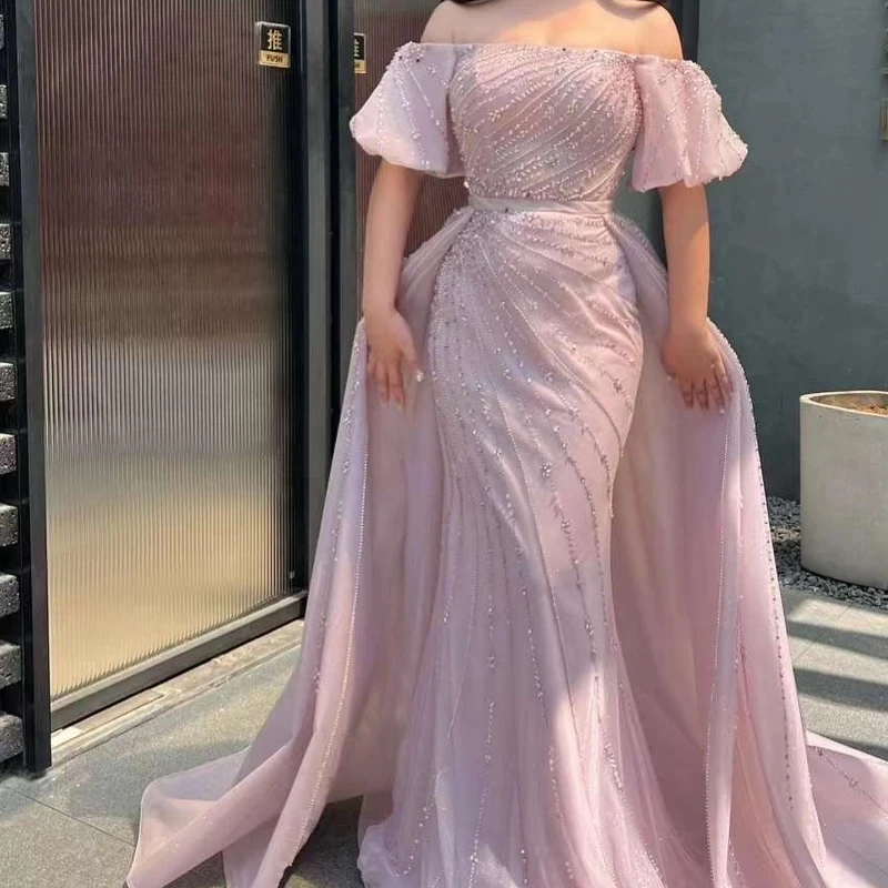 

Charming Light Pink Women Evening Dresses With Skirt Off Shoulder Beading Floor Length Formal Occasion Dress Party Pageant Gown