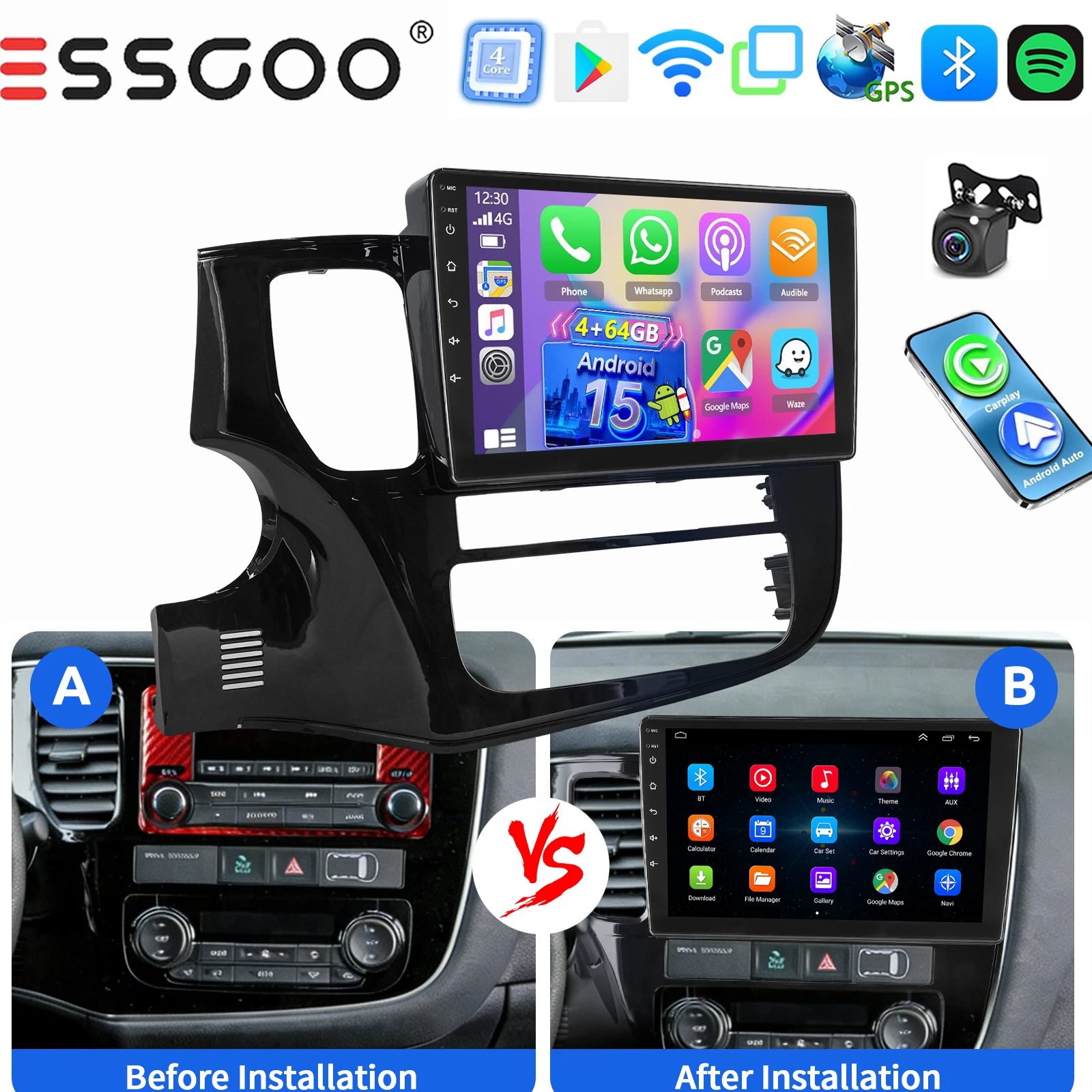 ESSGOO Draadloze Carplay Android auto 10 Inch IPS Aanraakscherm Voor Mitsubishi Outlander 2012-2018 Autoradio Android 15 GPS-navigatie WIFI Stuurwielbediening RDS Bluetooth FM Spiegellink ASP-geluid