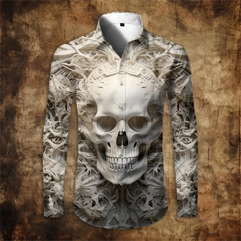 Newest Skull 3D Printed Long Sleeve Shirts For Men Vintage Lapel Button Tops Casual Halloween Cosplay Skeleton Streetwear Shirts