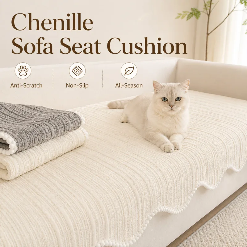 Cat Scratch Resistant Sofa Cushion Chenille Non Slip Couch Seat Cover Pet Friendly Sofa Mat Protector All Season