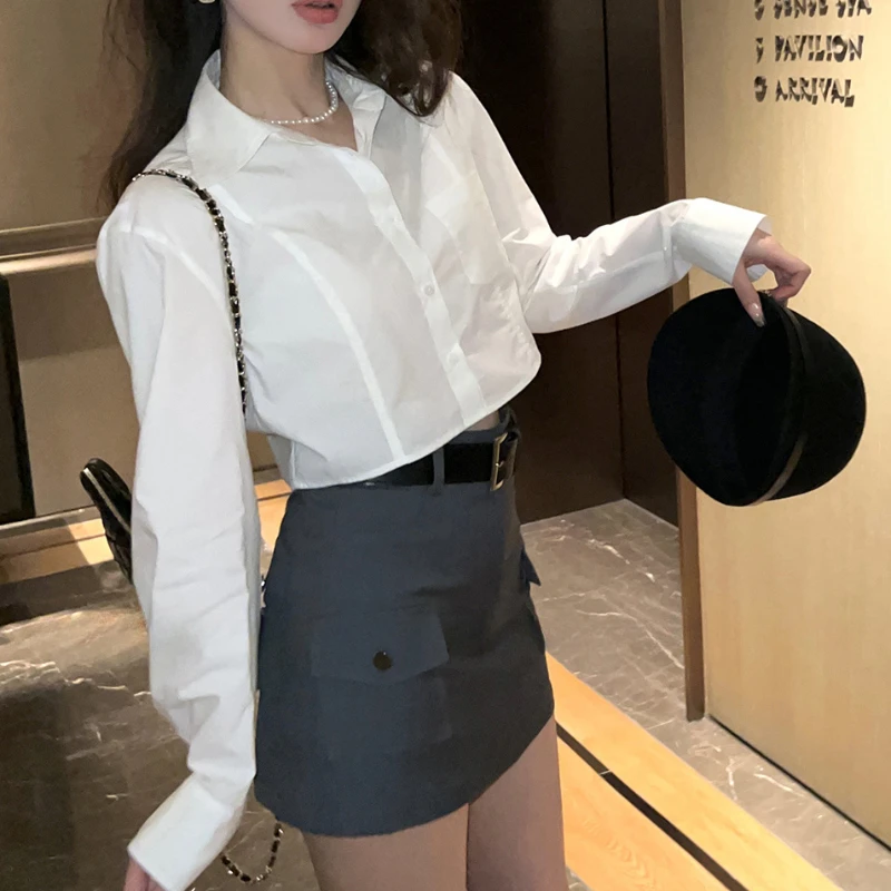 Long Sleeve Women Shirt Solid All-match High Street Preppy Style Spring Korean Fashion Sweet Hot Girls Crop Tops Casual Students