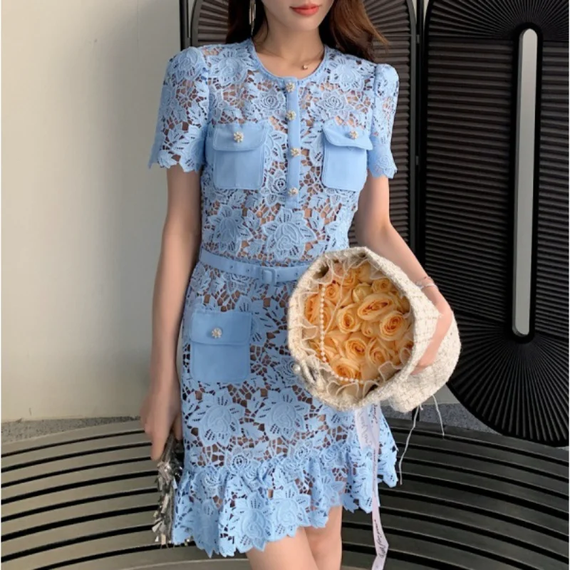 

Spring Elegant Women's Blue Lace Dress High Waist Slim Short Sleeve Round Neck Fashion High Quality Sweet Female Mini Dresses