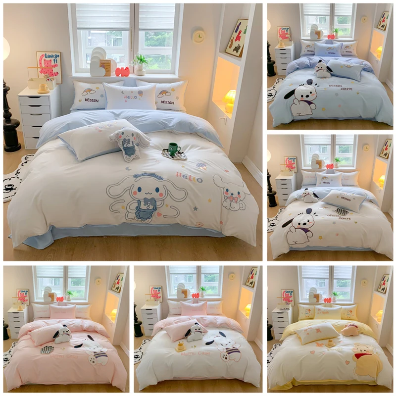 

Sanrio 100%cotton Bedding Set Cinnamoroll Pachacco Duvet Cover Bed Sheet Pillowcase King Queen Twin Size Bedclothes Home Textile