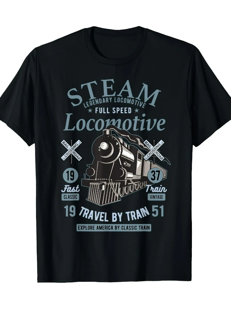 

Vintage Steam Locomotive Graphic design-100% cotton summer O-neck short sleeve casual printed men's T-shirt.