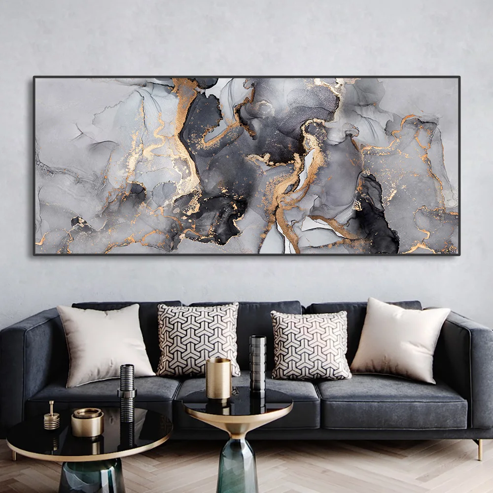 حجم كبير مجردة الذهب الأسود الرسم على لوحات القماش الجدارية الفاخرة نسيج الرخام المشارك يطبع صورة لديكور غرفة المعيشة الحديثة