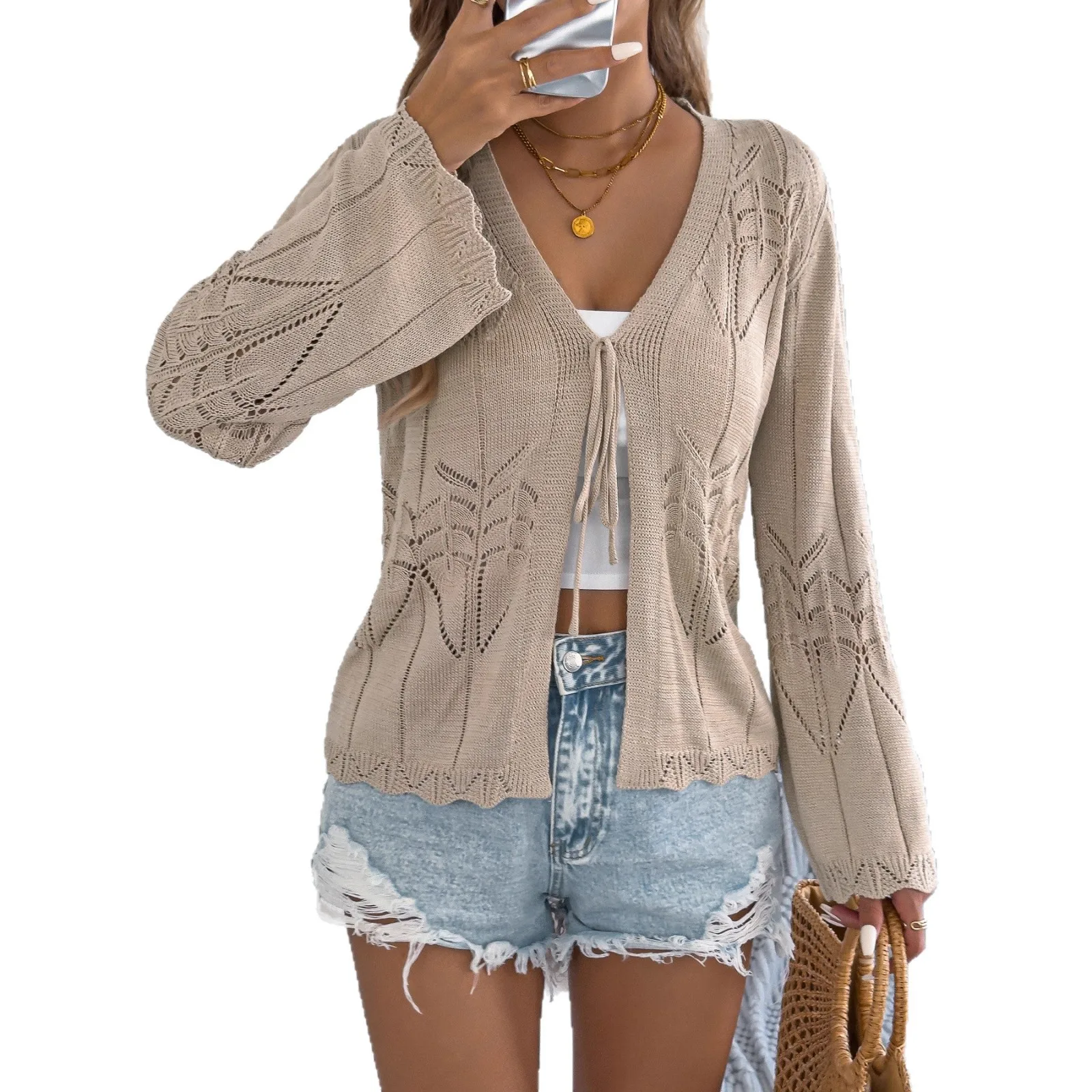 レディース Tシャツ 衣類 女性服 トップス レディース ベーシック カジュアル 無地 透かし彫り タイウエスト フレア袖 ニット カーディガン