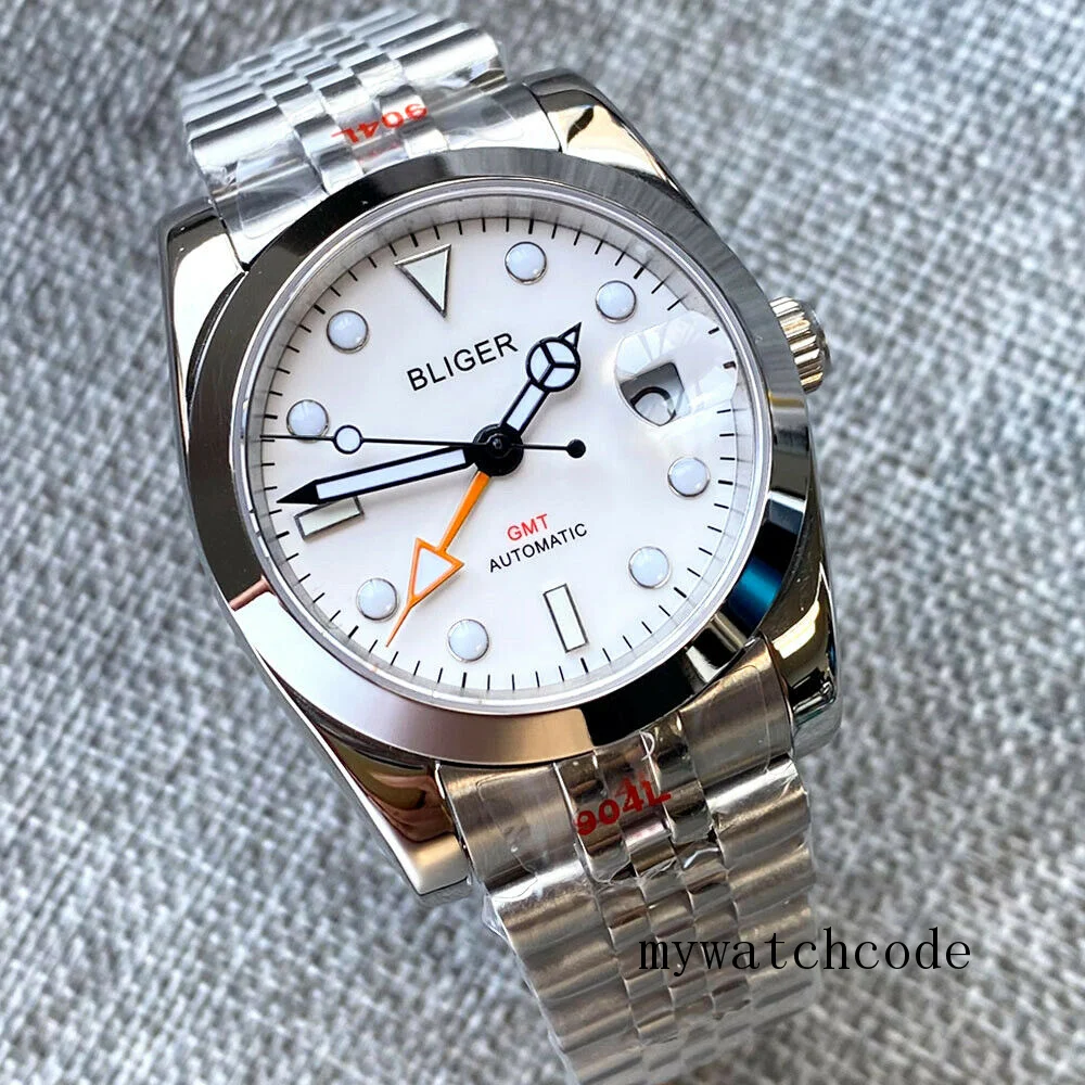 Функция Bliger GMT Mingzhu3804, 36 мм/39 мм, автоматические мужские наручные часы, полированный/запущенный безель, белый циферблат, стальной браслет с автоматической датой