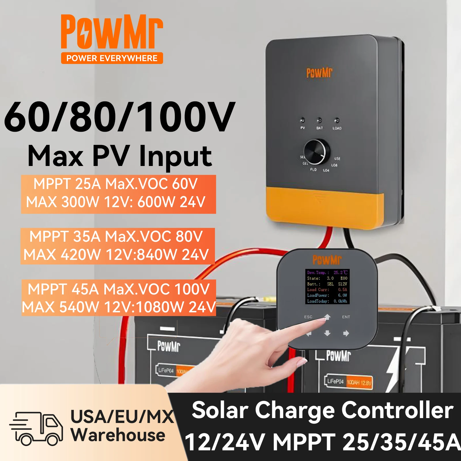 

PowMr MPPT Solar Charge Controller 12V 24V Auto 25A 35A 45A Remote Control Optional