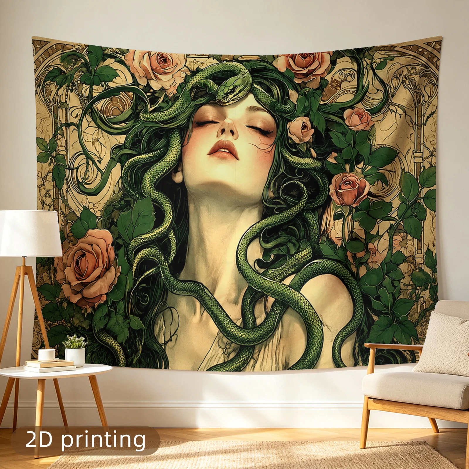 Luxury Vintage Renaissance Style Tapestry Wall Hanging Goddess Portrait with Snakes and Roses Baroque Floral Tapestry Home Decor