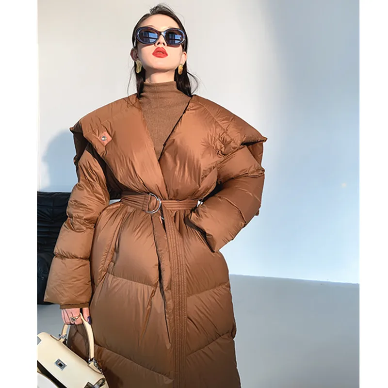 2025 Winter New European  American Shawl Extra Long Down Jacket Loose Versatile Over Knee Thicken White Goose Down Coats Female