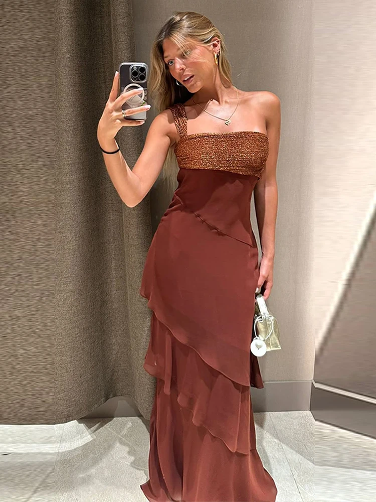 Damen Patchwork Trägerloses Maxikleid Ärmellos mit Rüschensaum und Schal Schnürkleider 2026 Sommer Elegantes Abendkleid für Damen – Detail 36
