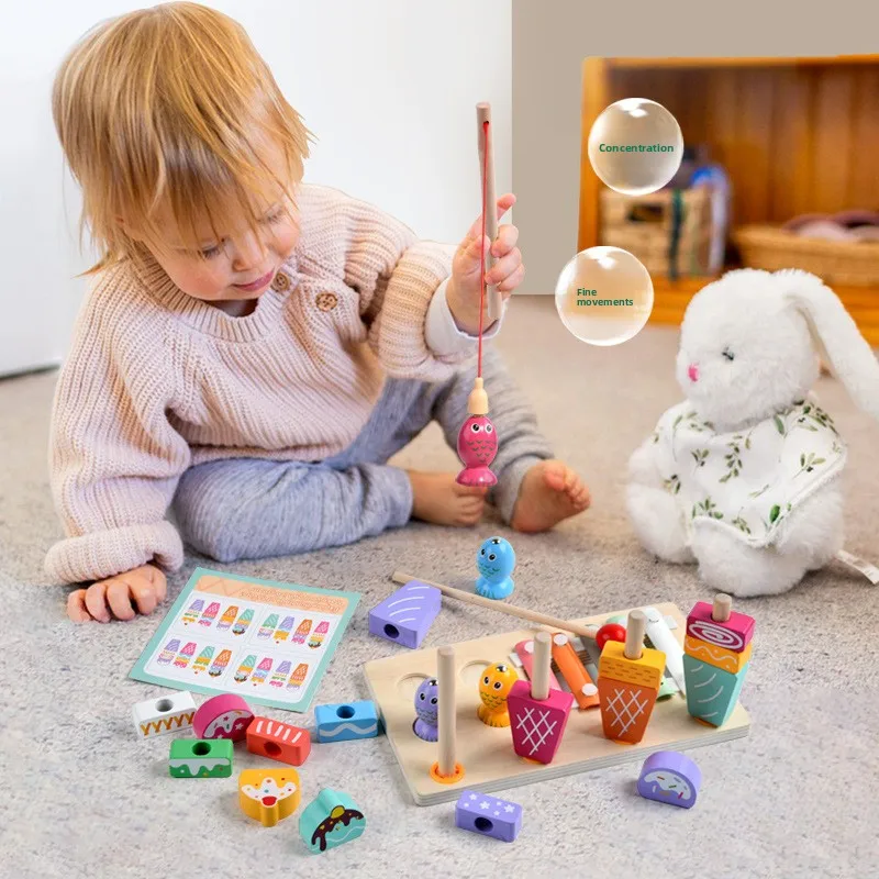 طفل التعليم المبكر يلعب الموسيقى الطفل المغناطيسي الصيد الأطفال خشبية الآيس كريم مجموعة شكل عمود الاقتران ألعاب تعليمية