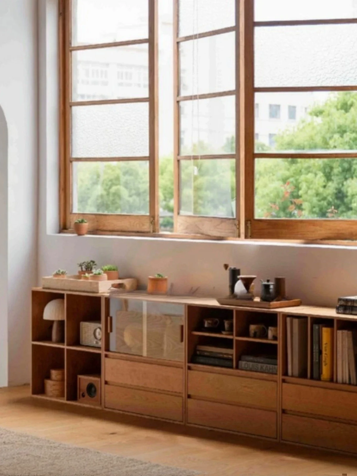 Nordic simple modern Japanese cherry wood side cabinet functional bookcase bay window cabinet black