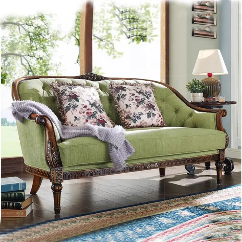 American country fabric sofa combination, solid wood Mediterranean sofa, lemon green leisure sofa