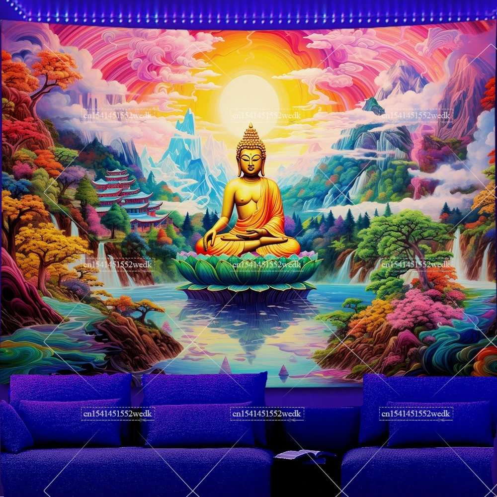 Buddha UV Tapestry Lotus Flowers Blacklight Tapestrys Mountains LakeLuminous Tapestrys Meditation Neon Fluorescent Backdrops