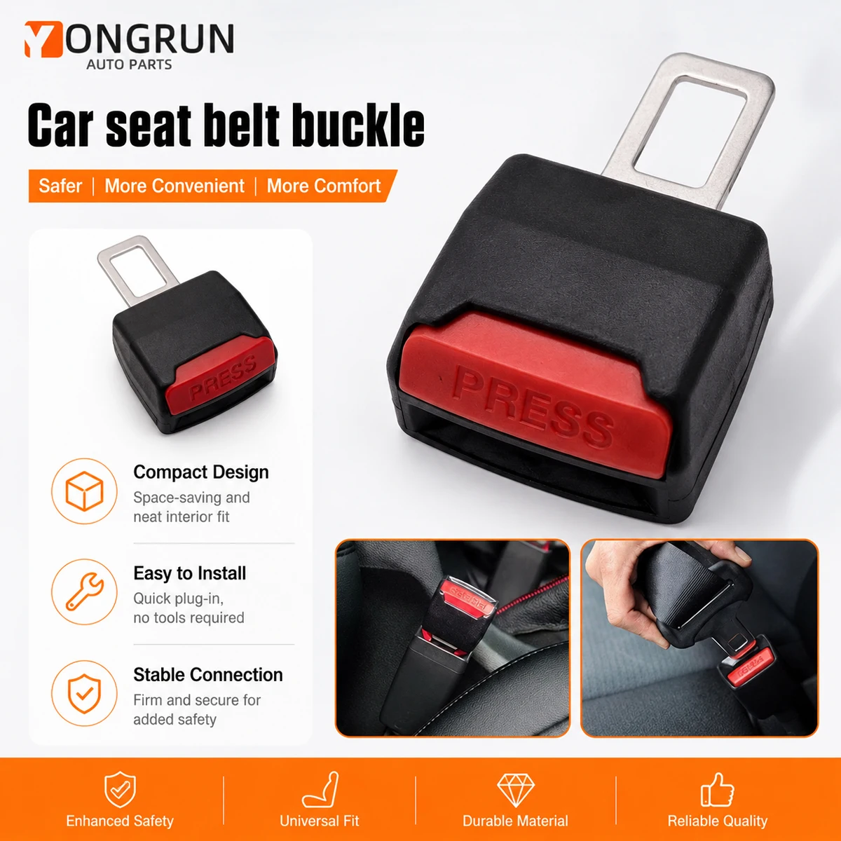 YONGRUN 2PCS Of Seat Belt Fastening System Textured Grip Durable Structure Safety Buckle Fastener Car Adjuster Seat Buckle