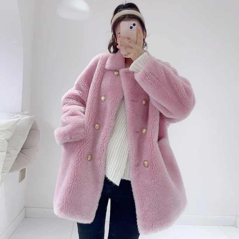 All-wool Granular Cashmere Lambswool Fur Coat Women's Long Double-row Shearling Fur Coat