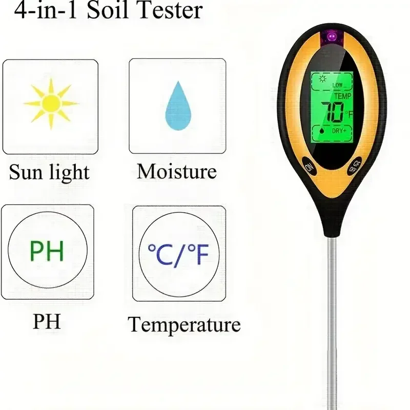 Soil PH Meter Tester Soil Tester PH Moisture meter Temperature Sunlight Intensity measurement Analysis Soil Acidity Test 4 in 1