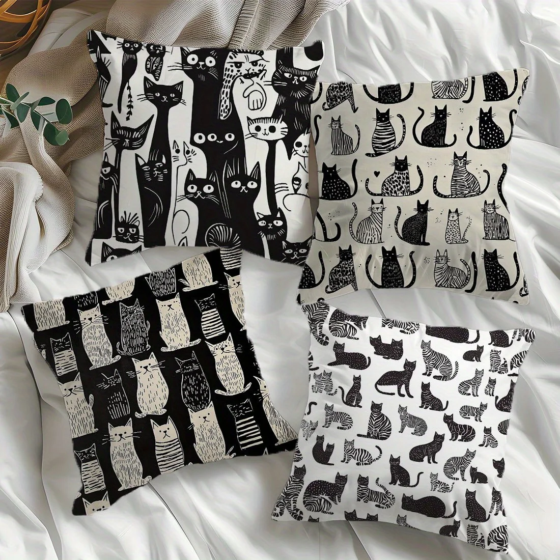

4pcs Abstract Cat Cushion Covers (Black & White) 17.7x17.7 Inches Modern Polyester Zippered Machine Washable Living Room Bedroom
