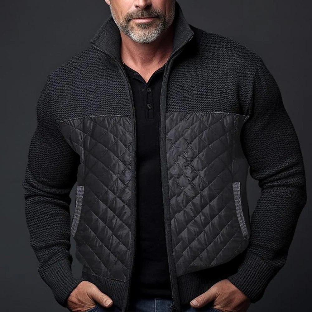 Casual Wear Cold Weather Layering Black Men Fleece Cardigan for slim Fit Sweater Stand-up Collar Long Sleeve Solid Pattern