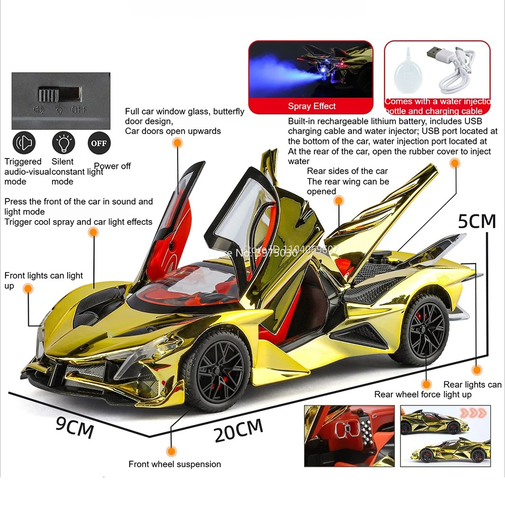 Escala 1:24 Apollo EVO Tourbillon juguetes modelo de coches aleación puede rociar vehículos en miniatura rueda extraíble supercoche juguete modelo adornos