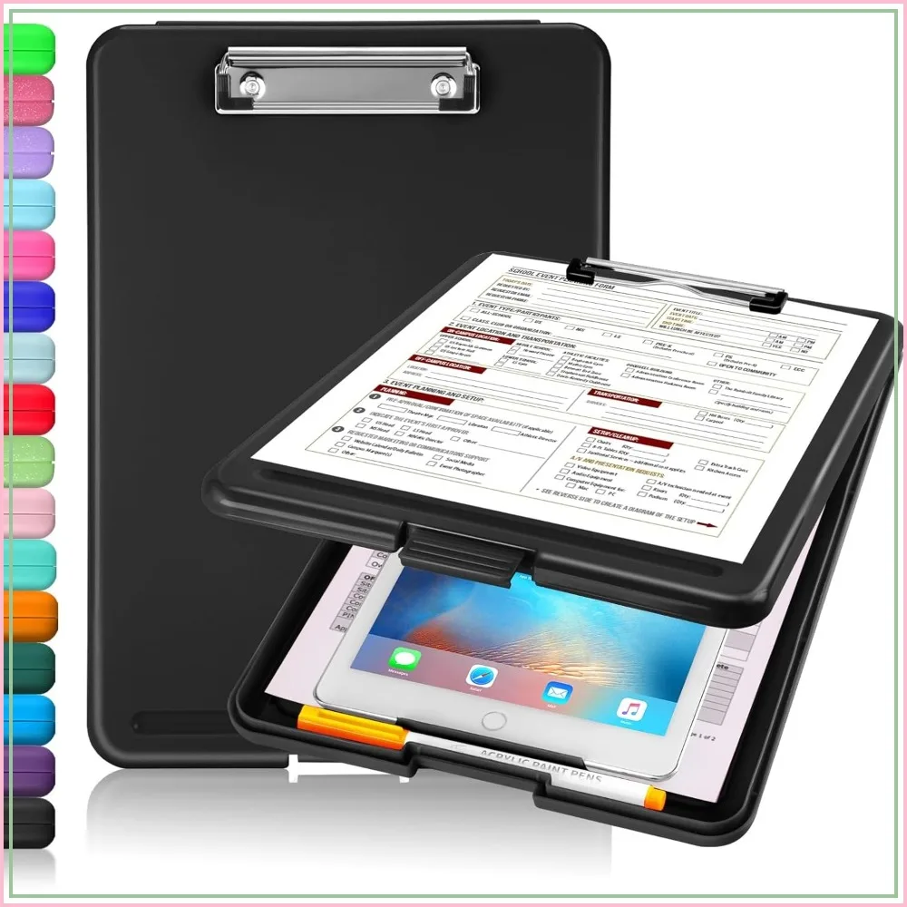 

Clipboard with Storage, Plastic Low Profile Clip, Foldable Hanging Case for Office School Supplies