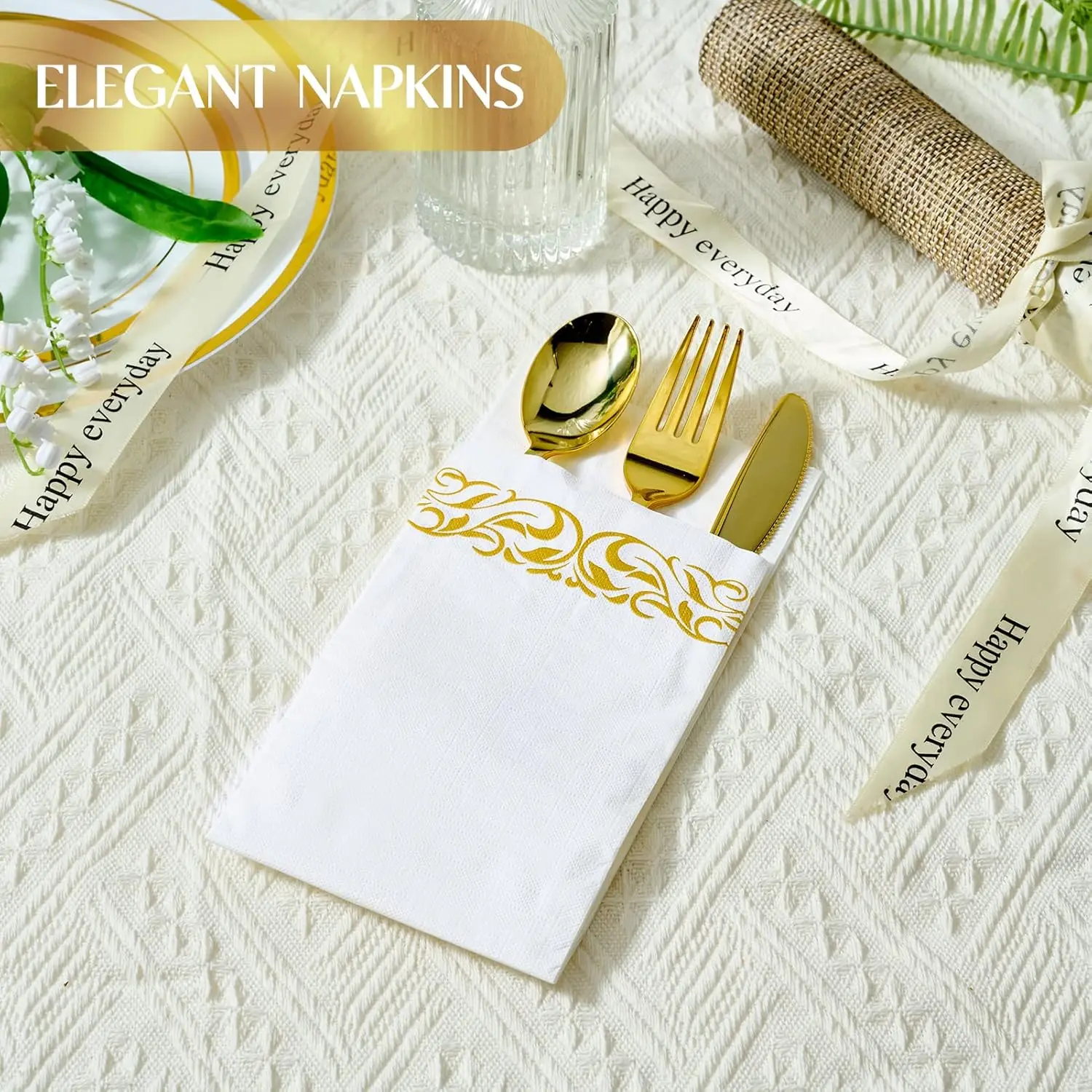Premium 3-Ply Disposable Dinner Napkins, Soft & Absorbent for Kitchen, Wedding, Parties, Events (Gold)