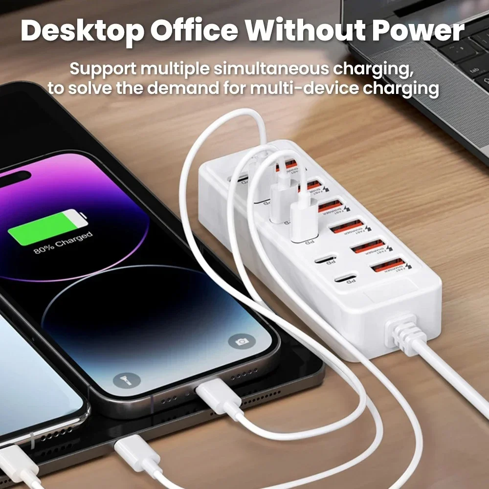 12-in-1 fast charging plug-in board USB-C desktop charging station Type-C multi-port charger suitable for iPhone/Samsung/Huawei