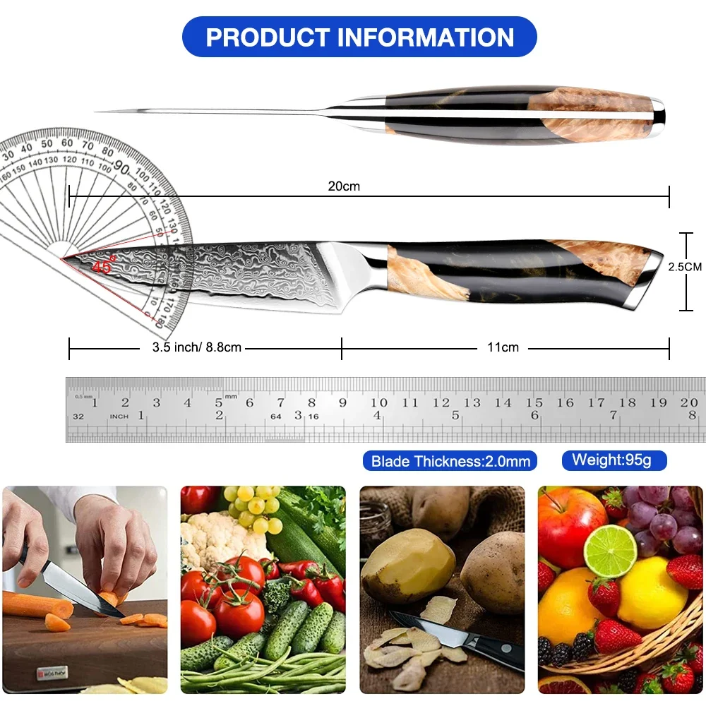 XITUO Paring Knife 3.5 Inch Damascus Steel Sharp Fruit Knife Japanese Kitchen Small Knife, Black Resin Stabilized Wood Handle
