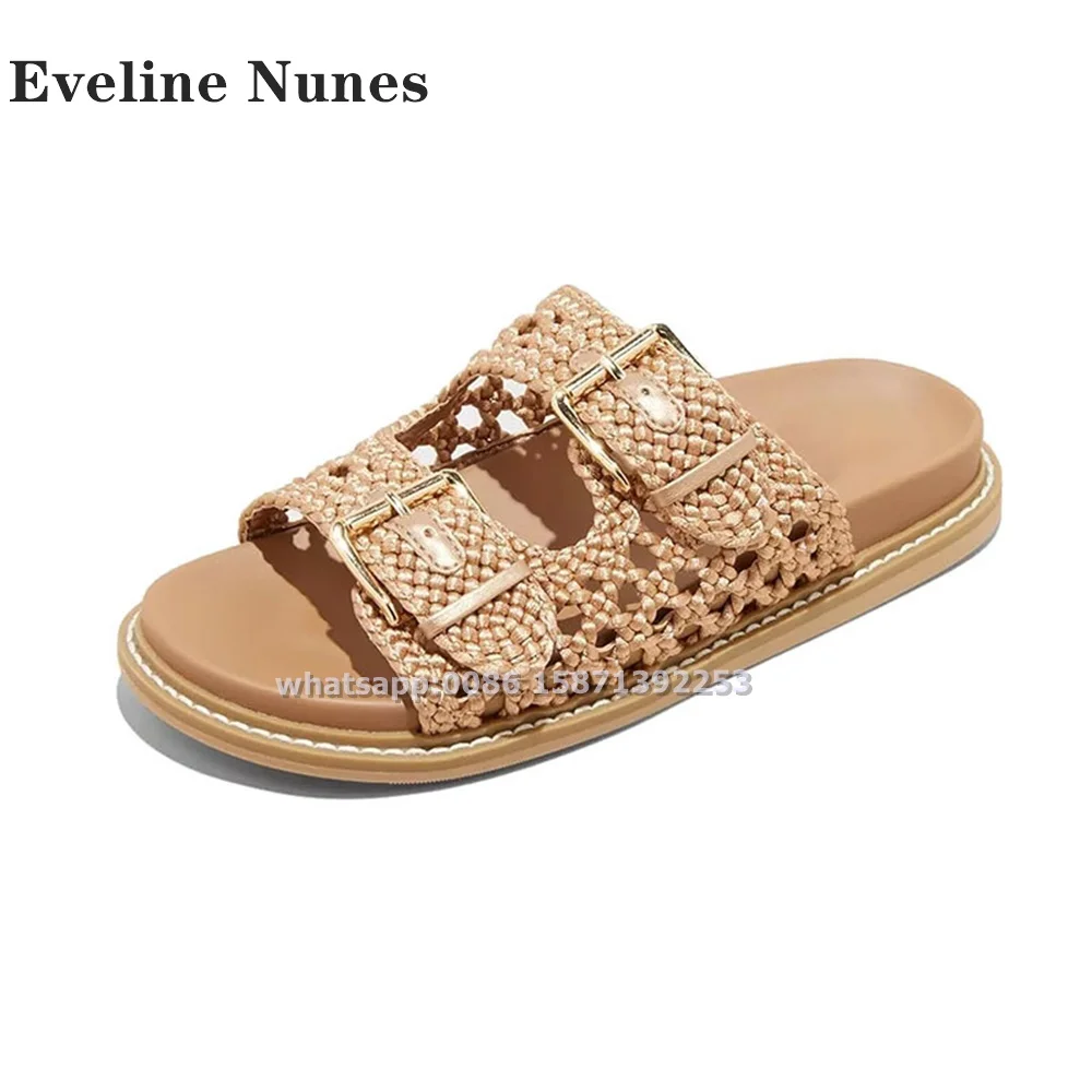 Woven Mental Buckle Shallow Slippers Open Toe Flat with Cut Out Solid Plus Size Slip On Slides Solid Casual 2024 Summer Trend