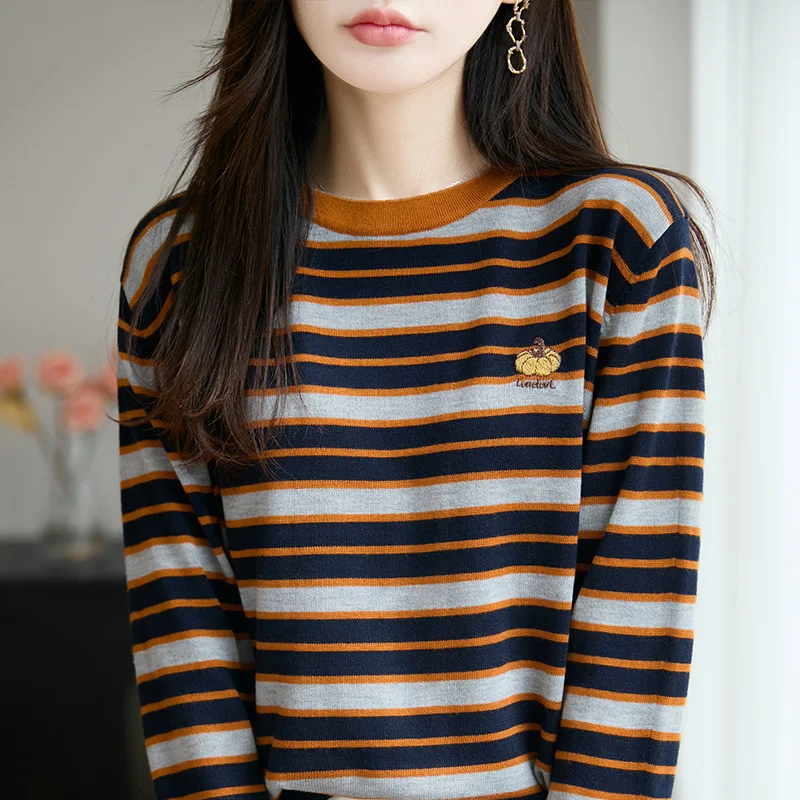 

Fashion Striped Contrast Color Long Sleeve Sweater Women's 2025 New Sweater Loose Bottoming Shirt Top