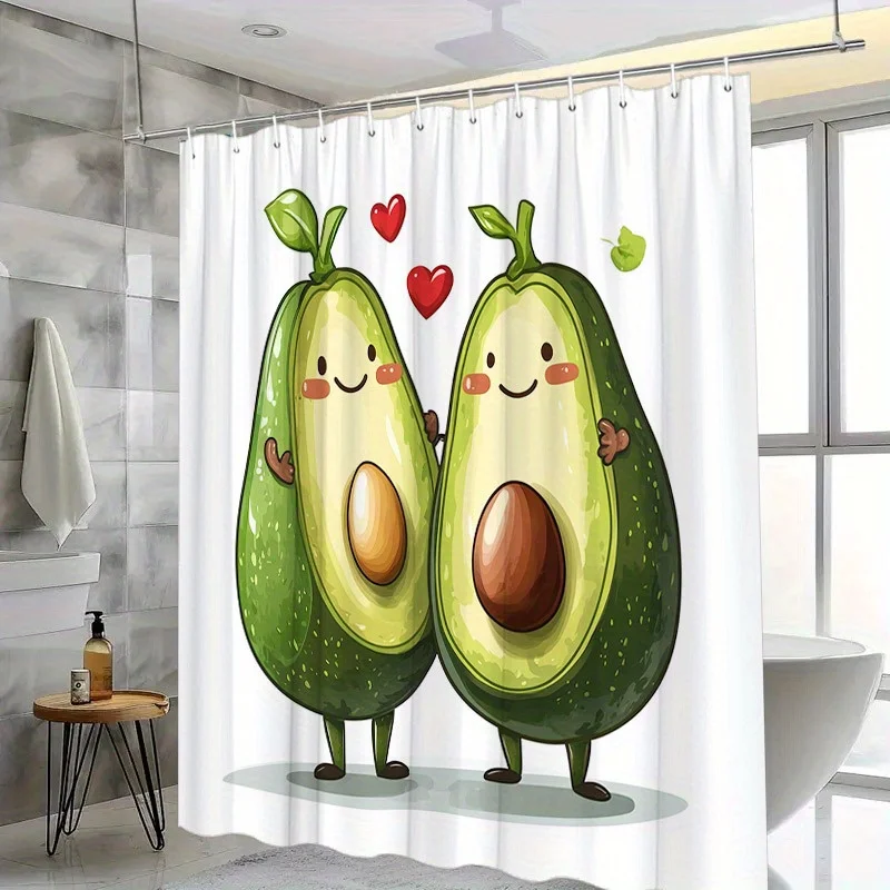 Fun Avocado Shower Curtain - Red Hearts & Cartoon Design, Polyester,  Hooks, Cheerful Bathroom Decor, Great for Youngsters