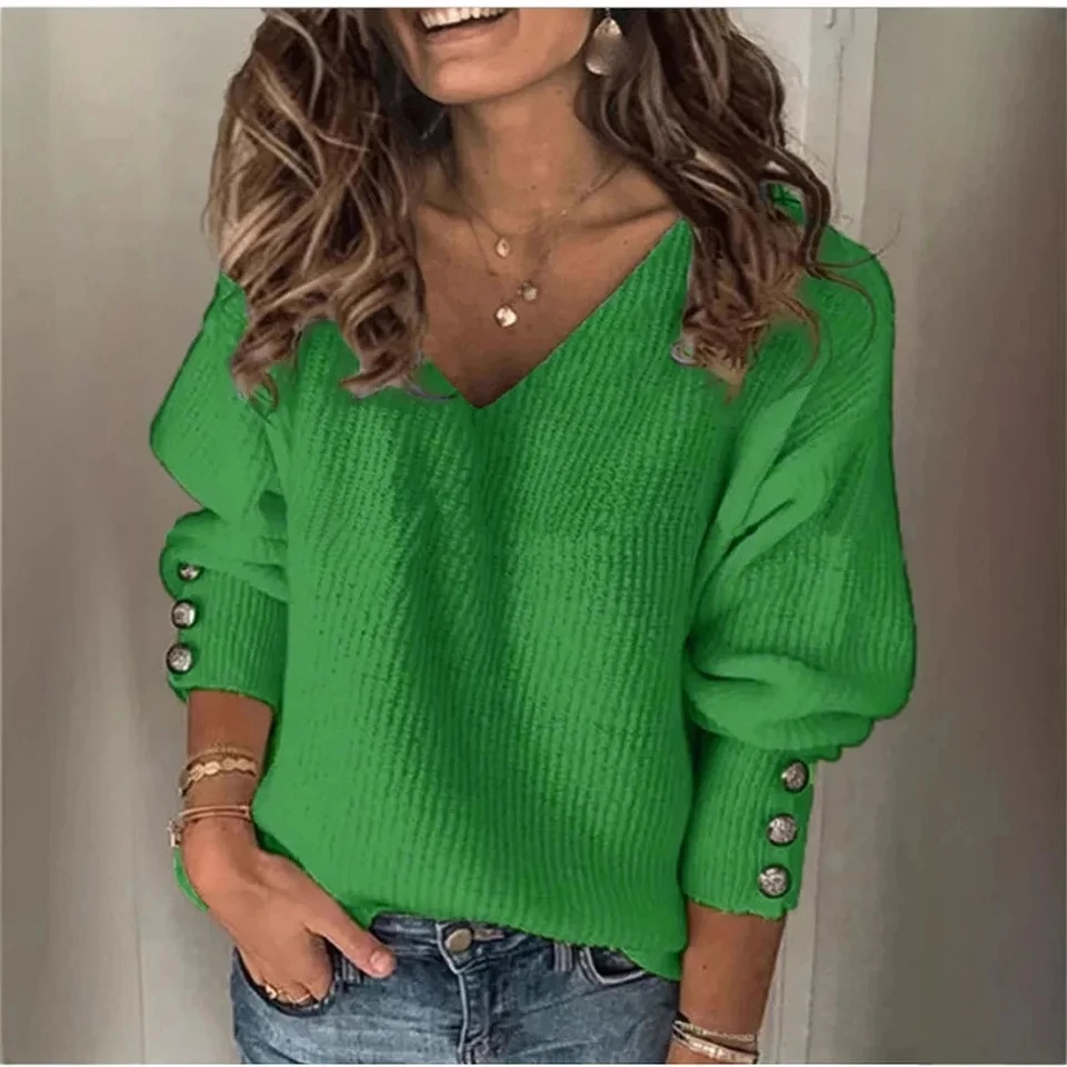 

Sweater Women V-neck Long-sleeved Knitted Pullover Sweater Top Women's Spring Autumn Versatile Commuting Vacation Daily Pullover
