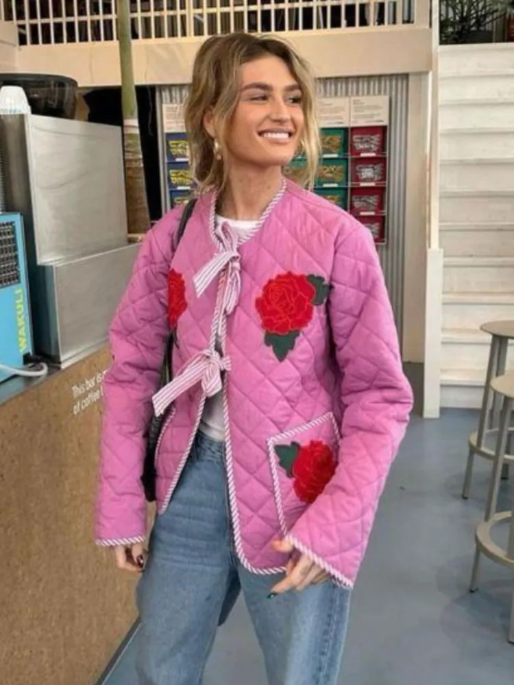 2024 New Sweet Pink 3D Bow Winter Coat Lace-up Double Pocket Fashion Quilted Cotton Jacket Autumn Chic Outwear Female Clothes