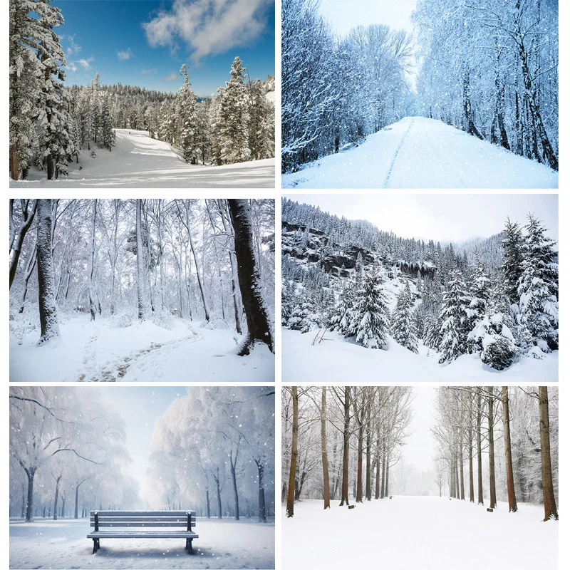 

Winter Forest Snowcovered Road Photography Backdrops Blurred Landscape Snowflakes Road Spruce Trees Photo Background XD-01